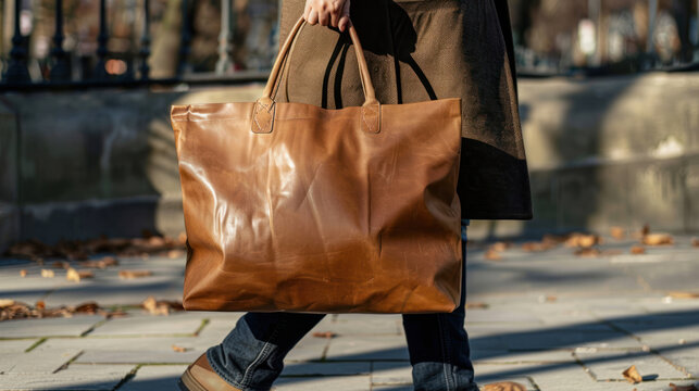 A large shopping bag being carried by hand, with durable handles and visible capacity, walking along a sidewalk