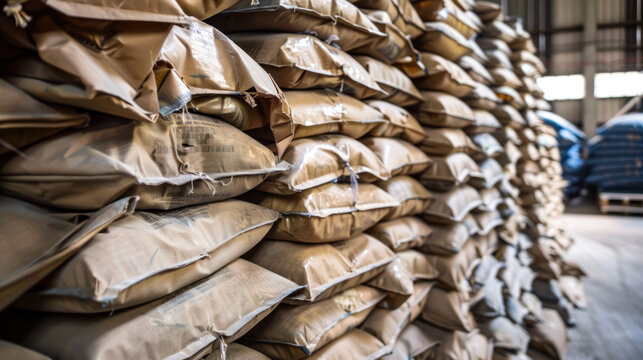 A large stack of bulk shopping bags in a warehouse, ready for distribution to retail stores, emphasizing practicality and cost-effectiveness