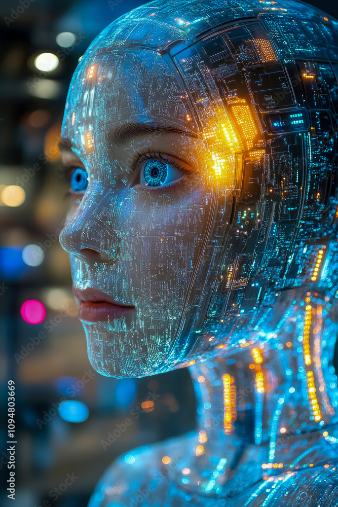 Poster a highly detailed robot with glowing blue eyes and illuminated circuits showcases advanced technolog