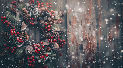 A lush holiday wreath adorned with red berries, pine cones, and fir branches, hanging on a rustic wooden door, surrounded by soft snowflakes