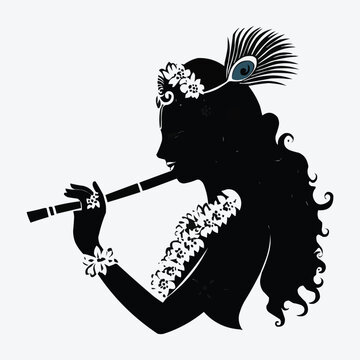 black silhouette krishna playing flute clip art preview
