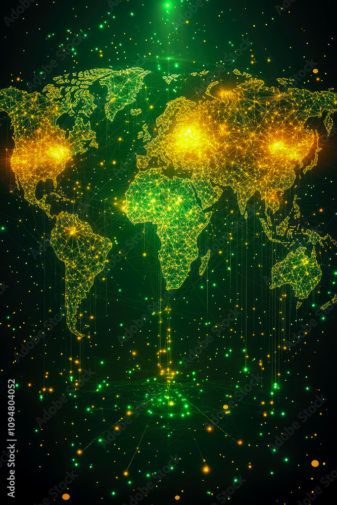 Poster a digital representation of a world map glows with bright colors, illustrating interconnected cities