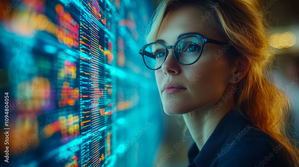 Poster focused woman examines colorful digital data visualizations in a tech environment, highlighting tren