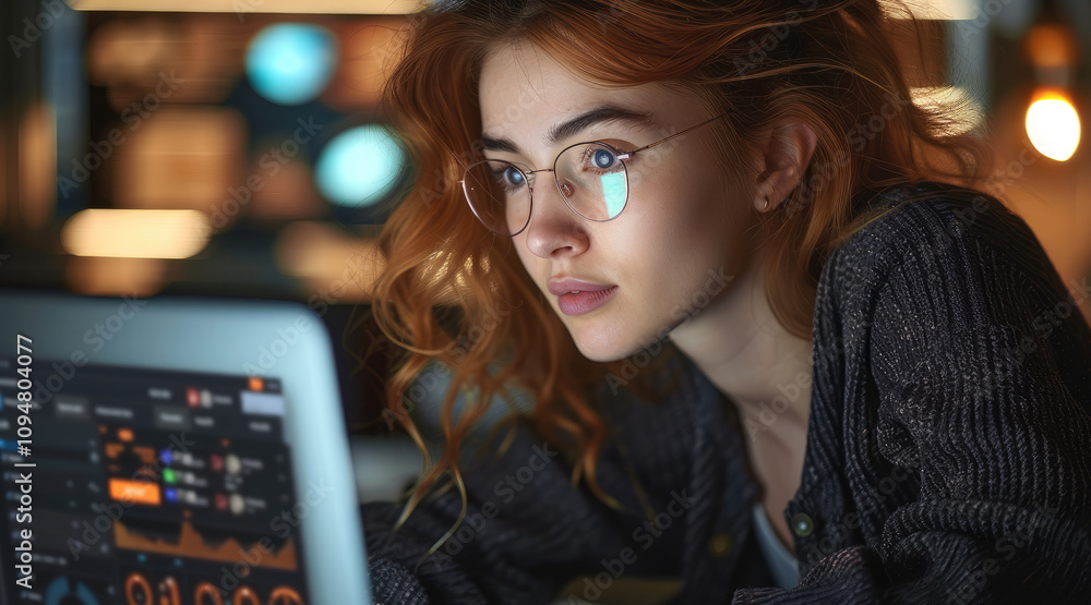 Aufkleber an entrepreneur staring at their laptop screen, showing a dashboard cluttered with ai tools and opti