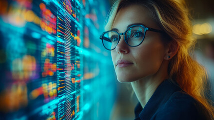 Focused woman examines colorful digital data visualizations in a tech environment, highlighting trends and insights during a work session
