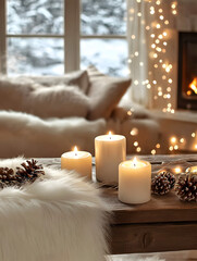winter festive festival Christmas snow celebration cozy warm home living room indoor wooden table lit candles snowy landscape peaceful atmosphere fireplace