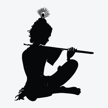 black silhouette krishna playing flute clip art preview