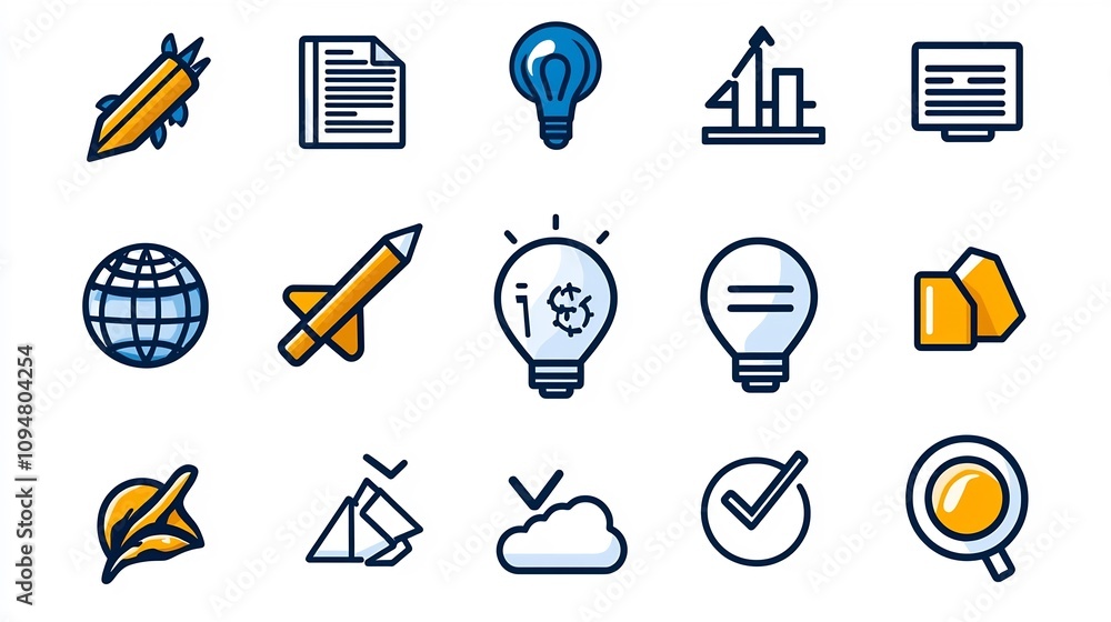 Poster clean black outline set of 15 digital marketing icons illustrating project planning productivity man