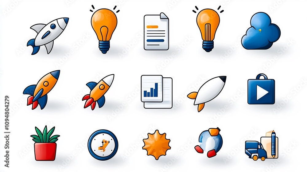 Poster set of minimalist black outline icons illustrating various aspects of digital marketing project plan