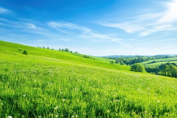 Naklejka premium A vast green meadow under a bright blue sky, representing the beauty of nature and tranquility in an open space.