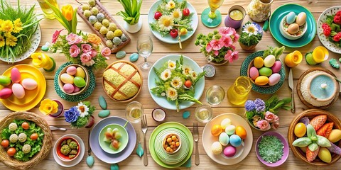 Fototapeta premium Aerial Photography of an Elegant Easter Dinner Table Setting with Colorful Spring Decorations and Delicious Dishes for a Family Celebration