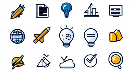 Clean black outline set of 15 digital marketing icons illustrating project planning productivity management strategies and achieving business goals  in minimalist