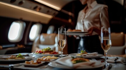 An Elegant Flight Attendant Serving Gourmet Meals in a Luxurious Private Jet's Dining Area