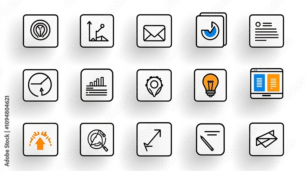 Poster Set of Minimal Black and White Outline Icons Representing Digital Marketing Project Coordination Process Flow Productivity Tracking and Business Analytics