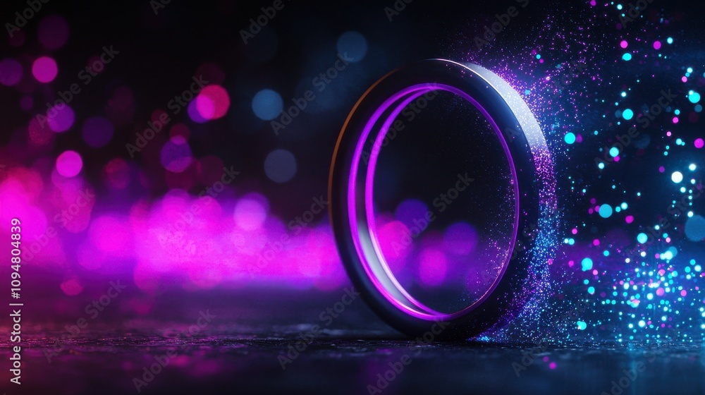 Poster a dazzling ring emits vibrant colors and sparkling particles in a dark backdrop, creating a captivat