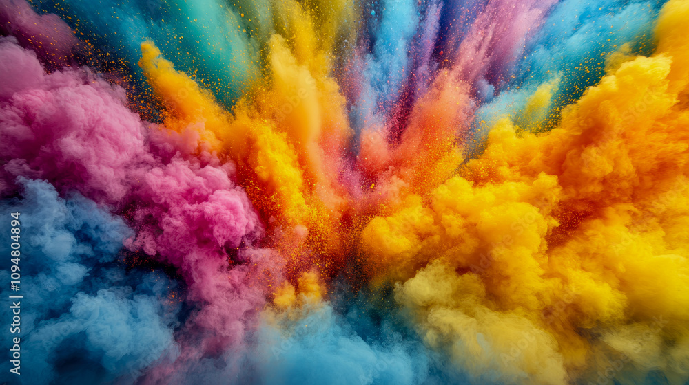Poster bright clouds of powdered colors burst into the air, blending and swirling in a mesmerizing display 