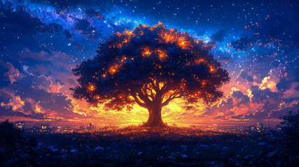 Fototapeta premium A majestic tree stands illuminated against a vibrant sunset sky filled with stars, creating a serene and enchanting ambiance in nature