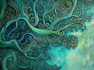 A colorful art piece inspired by mold patterns, with intricate branching and swirling designs in shades of green and blue