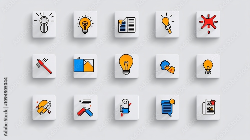 Poster minimal black and white outline digital marketing icons set featuring project milestones work proces