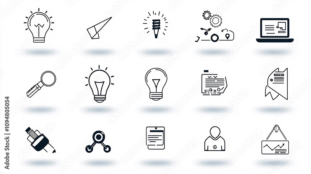 Poster Minimalist Design of 15 Black and White Outline Digital Marketing Icons Showcasing Goal Setting Workflow Optimization and Management Strategies for Businesses