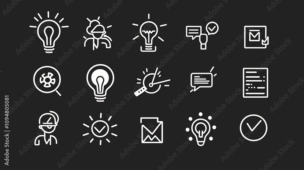 Poster Elegant outline digital marketing icons in a clean professional design highlighting workflow optimization goal setting and management strategies for business success
