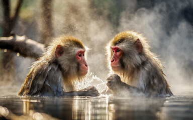 Obraz premium two Japanese macaque monkey bathing in hot onsen bath, Ki generated