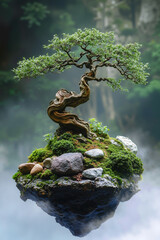 A bonsai tree on a rock in the middle of a lake