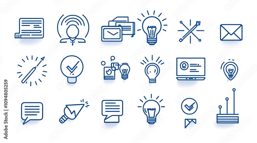 Poster Set of 15 modern black and white outline icons illustrating various digital marketing aspects and strategies such as production teamwork process management and performance tracking