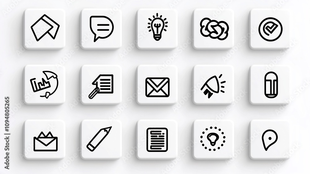 Poster Sleek and minimalist black and white outline icon set depicting various aspects of digital marketing and business such as teamwork process management data tracking and performance analytics