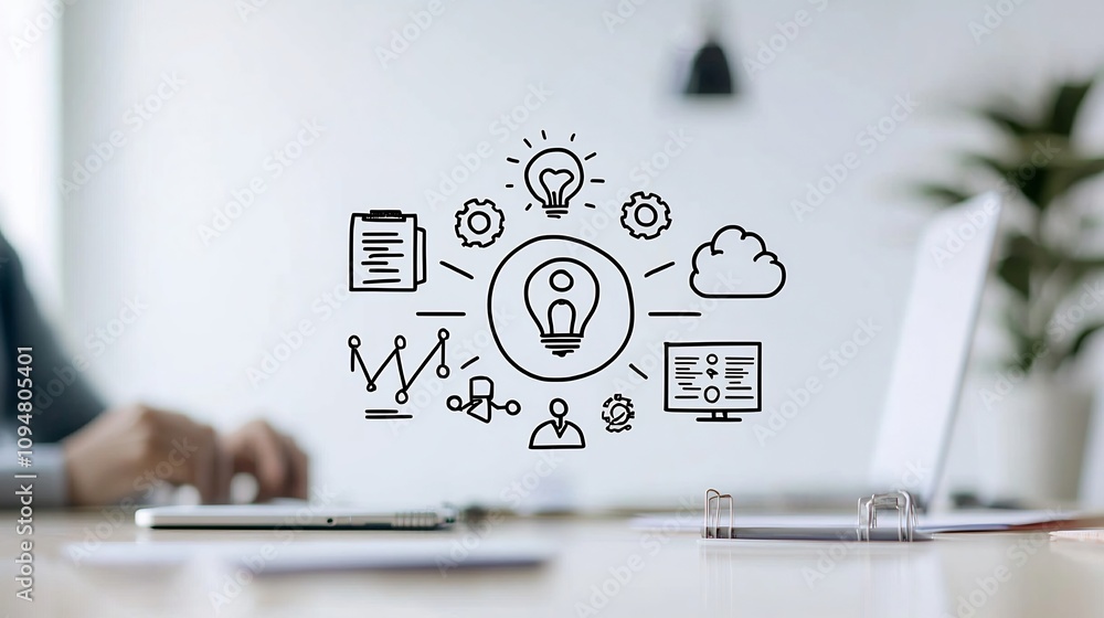Poster monochrome outline icon set depicting various digital marketing and business elements such as workfl