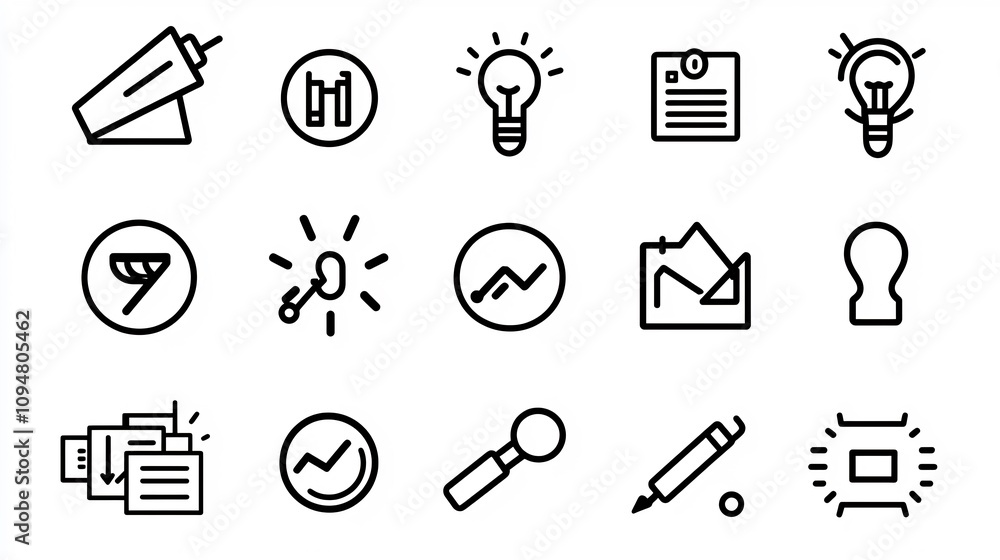 Aufkleber comprehensive set of 15 black and white outline icons depicting essential digital marketing workflow