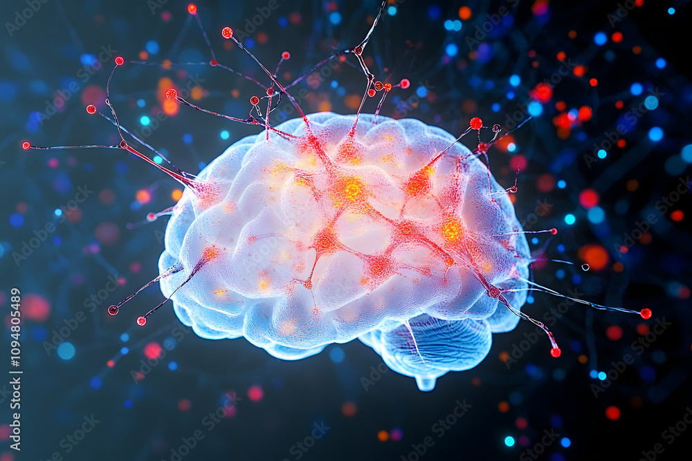 Poster a minimalist illustration of a brain with neurons and synapses shaped like data visualization elemen