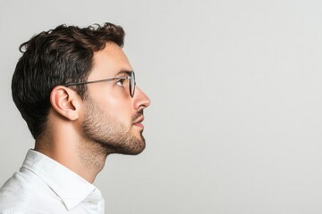 Obraz premium Profile portrait of a thoughtful man wearing glasses, reflecting a moment of introspection.