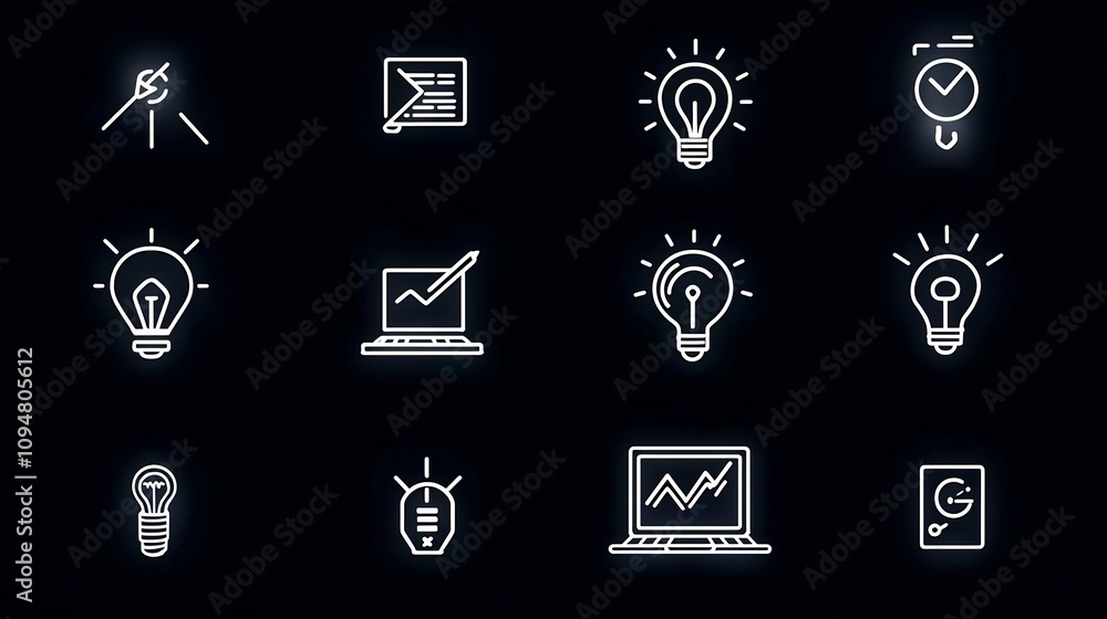 Aufkleber minimalist black and white digital marketing icon set emphasizing creative production efficient mana