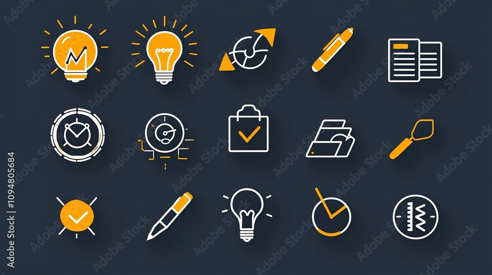 Leinwandbilder Minimalist contemporary black and white outline icons collection covering various project management workflow process improvement and target success concepts for use in business technology