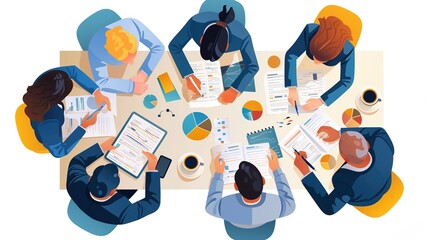 Business Team Analyzing Data: Cartoon-Style Illustration of Professionals Collaborating Around a Table with Tablets, Documents, and Coffee Cups in a High-Quality, Top-Down View