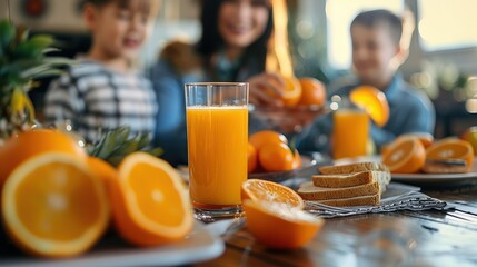 A Delightful Family Breakfast with Fresh Fruits and Orange Juice for a Healthy Start