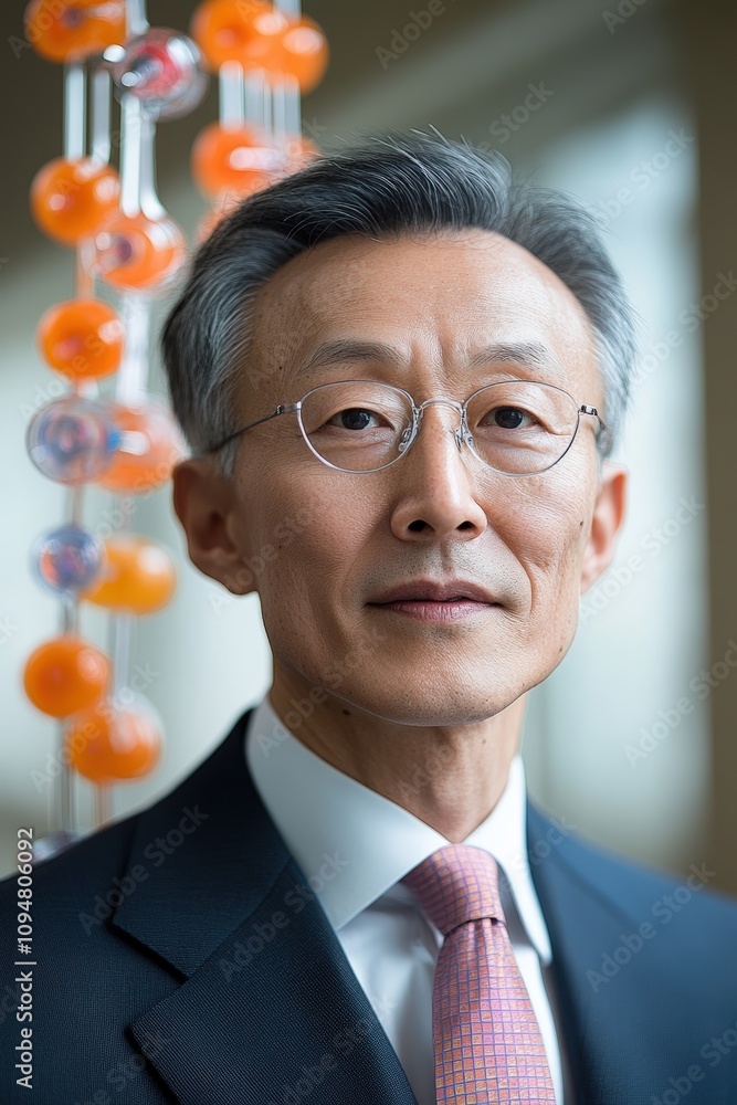 Poster a distinguished scientist stands with a serious expression in a modern laboratory