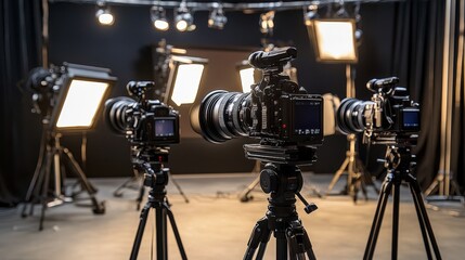 Four Professional Cameras Set Up on Tripods in a Studio Environment with Lighting Equipment
