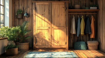 Wooden bedroom interior with wardrobe