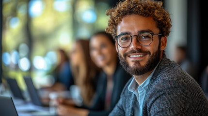 Obraz premium A young man with curly hair and glasses smiles confidently while sitting at a coworking space alongside other professionals engaged in discussions