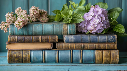 Vintage books are stacked on a blue wooden surface, beautifully accented with fresh flowers and greenery for a tranquil atmosphere