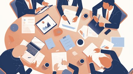 Business Team Analyzing Data: Cartoon-Style Illustration of Professionals Collaborating Around a Table with Tablets, Documents, and Coffee Cups in a High-Quality, Top-Down View