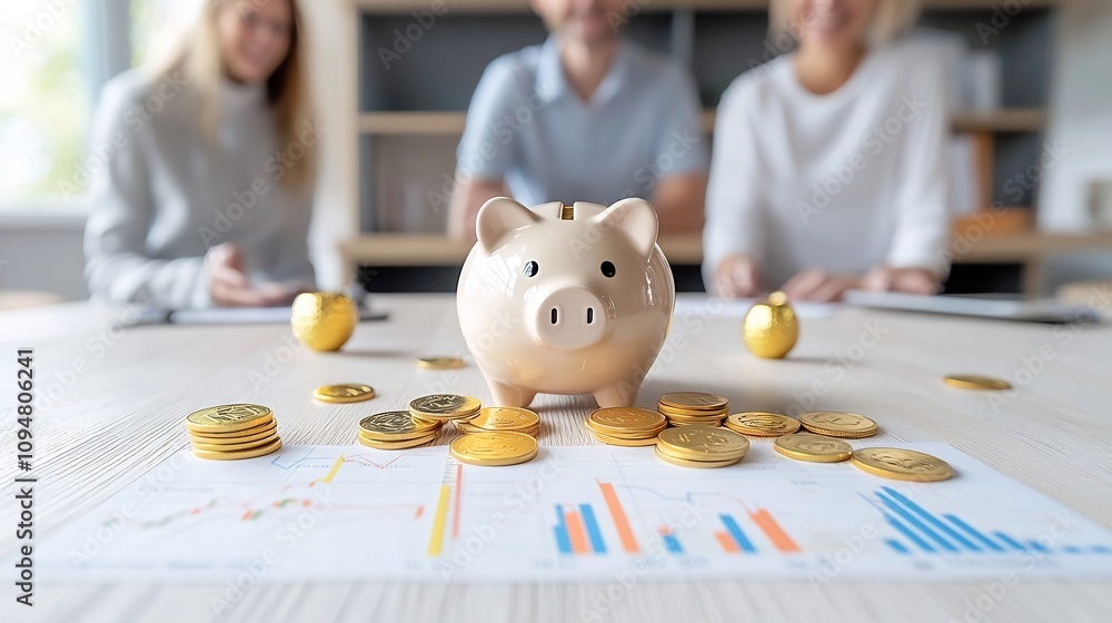 Poster cheerful and content retirees joyfully examining a golden piggy bank filled with coins along with fi