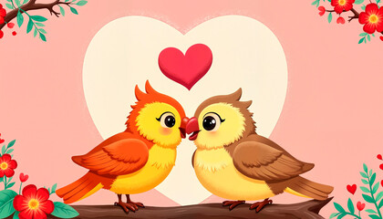 Obraz premium Two cute birds kissing with heart and flowers on pink background, Kiss Day celebration, Valentine’s Day theme
