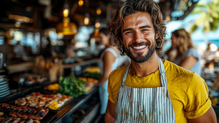 Fototapeta premium A cheerful man in a yellow shirt and apron prepares delicious food in a vibrant outdoor market filled with people enjoying the evening