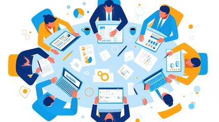 Business Team Analyzing Data: Cartoon-Style Illustration of Professionals Collaborating Around a Table with Tablets, Documents, and Coffee Cups in a High-Quality, Top-Down View
