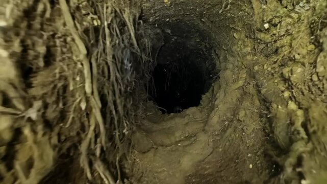 Low angle static shot: A dark hole in the ground surrounded by roots and dirt.