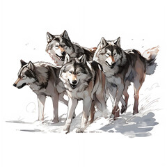 Naklejka premium walking wolves in nature illustration isolated white background, clipart, water color, wolf clipart, wolf water color, image wolf kids book, wolf cartoon