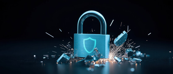 Security and privacy attack concept, A glowing blue padlock is breaking apart, symbolizing...